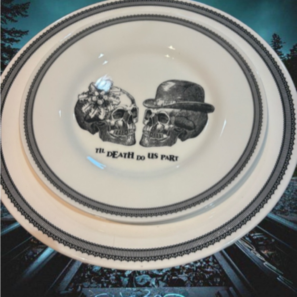 Stafford Skull Set of 8 salad/dinner 💀 Design Plate Set/White Skeleton set.